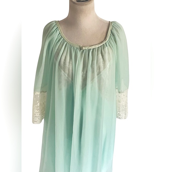 Vintage La Notte Green Chiffon Peignoir Lingerie Slip Dress Robe Set Lace Small - Picture 3 of 15